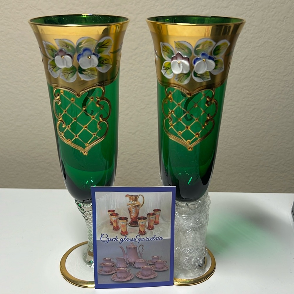 Czech Bohemia 24k gold and green hand painted champagne flute set